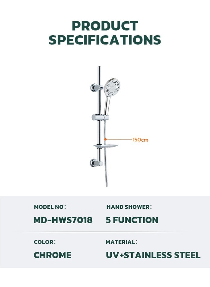 مودي طقم رأس دش مع قضيب انزلاق قابل للتعديل، دش يدوي بخمس وظائف، طقم دش من الفولاذ المقاوم للصدأ المطلي بالكروم مع خرطوم وصينية صابون للحمام - Image 3